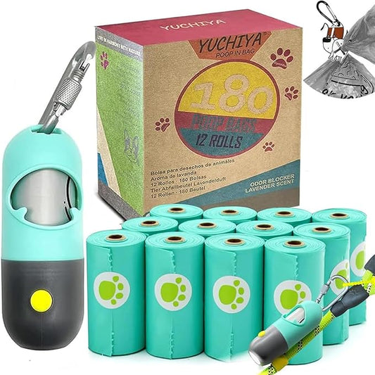 Dog Waste Bags Holder with LED Flashlight Doggie Poop Bags Dispenser with 13 Rolls Leak-Proof Pet Trash Bags Rechargable USB Cable (Mint Green)