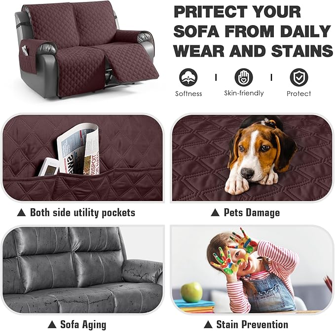 TAOCOCO 100% Waterproof Recliner Couch Covers, Recliner Sofa Covers with Leg Straps, 1-Piece Washable Reclining Sofa Cover with Pocket Couch Protector for Pets Kids(2 Seater, Coffee)