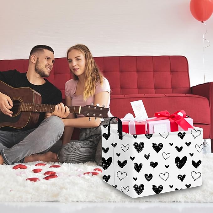 FXOCSHE Heart-Shaped Collapsible Waterproof Laundry Basket, Black Hearts