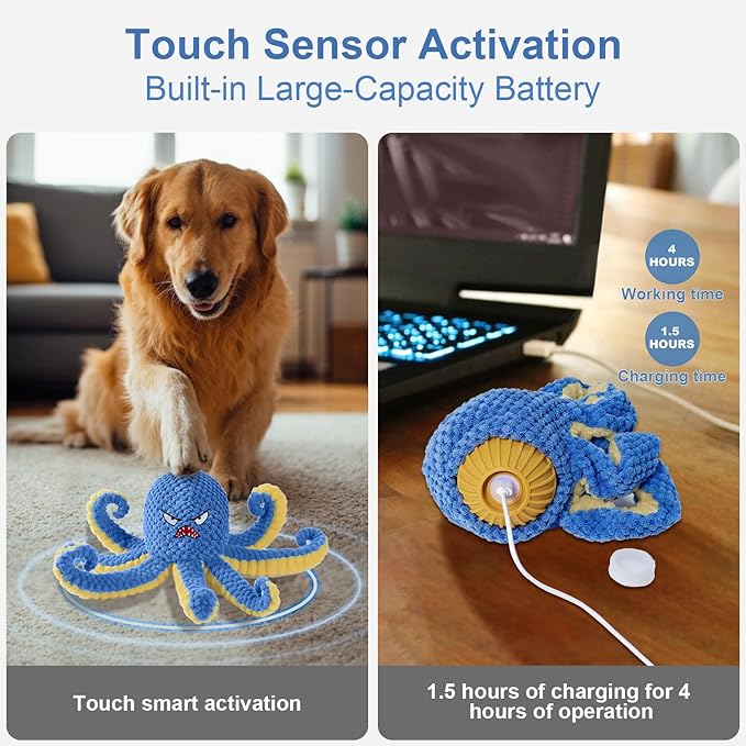 Qraxond Interactive Dog Toys Octopus,Durable Automatic Jumping Dog Toy to Keep Them Busy,Squeaky Moving Tug of War Doggie Toy,USB Rechargeable,Not for Aggressive Chewers (Blue)
