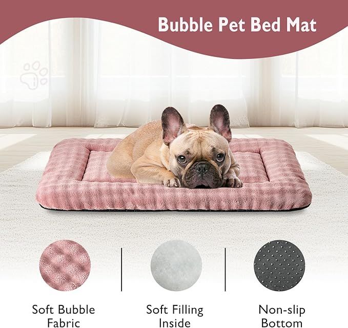 Dog Bed Mat Crate Pad for Medium Dogs, Washable Soft Pet Sleeping Mat Kennel Pad with 3D Bubble Pattern, Dusty Pink, 30"x 19"