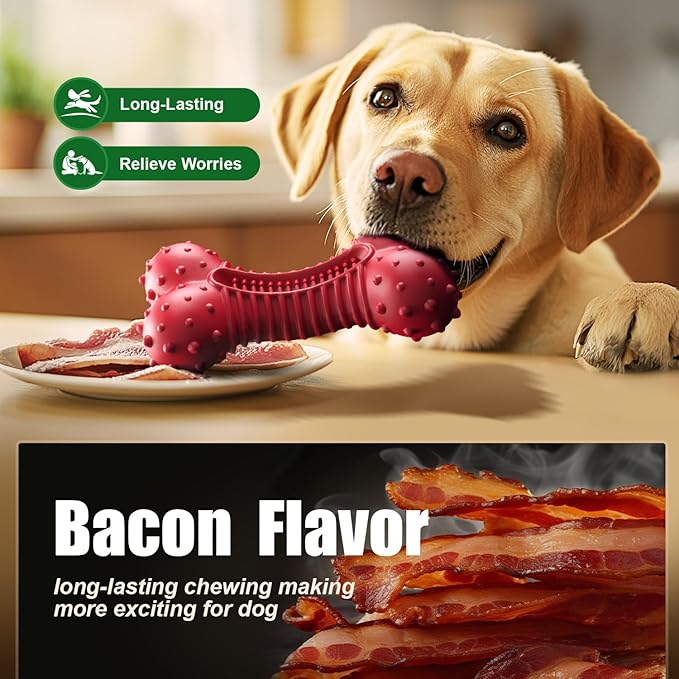 Ouilter Dog Toys for Aggressive Chewers, Dog Chew Toys for Medium Large Dogs, Durable Natural Rubber Dog Toys with Bacon Flavor, Indestructible Dog Toy, Red