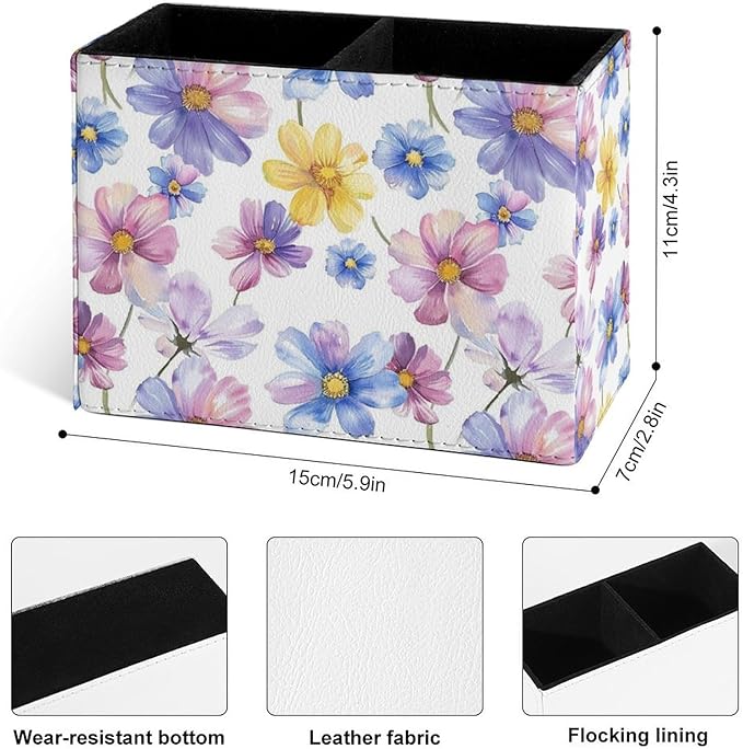 Famame Watercolor Cosmos Daisy Pencil Holder for Desk, Leather Desktop Container Pen Cup Storage Study Table Pen Organizer Makeup Brush Holder for Classroom Office Home