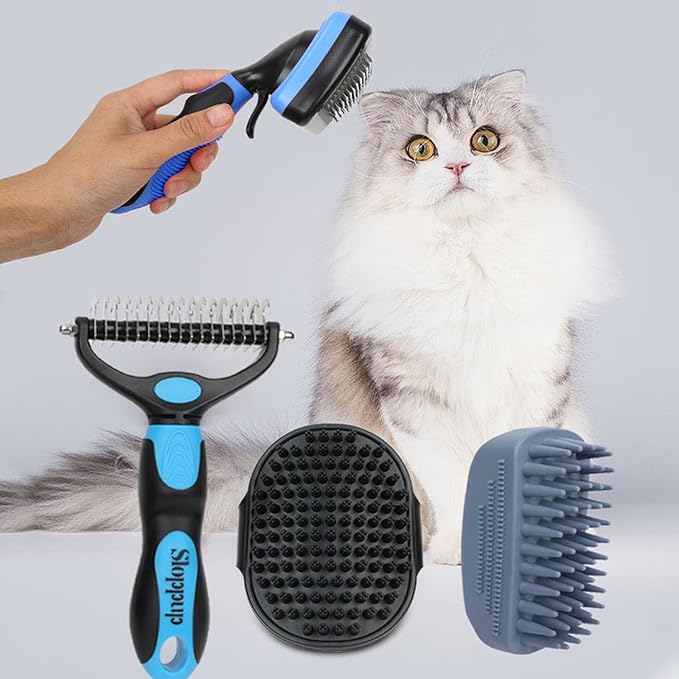 PETIMP STORE Dog Brush Kit for Grooming Short & Long Haired Dogs & Cats, 4-in-1 Pet Grooming Set with Self-Cleaning Slicker Brush, Deshedding Tool, Shampoo Bath Comb, Massge Comb (Blue Black)