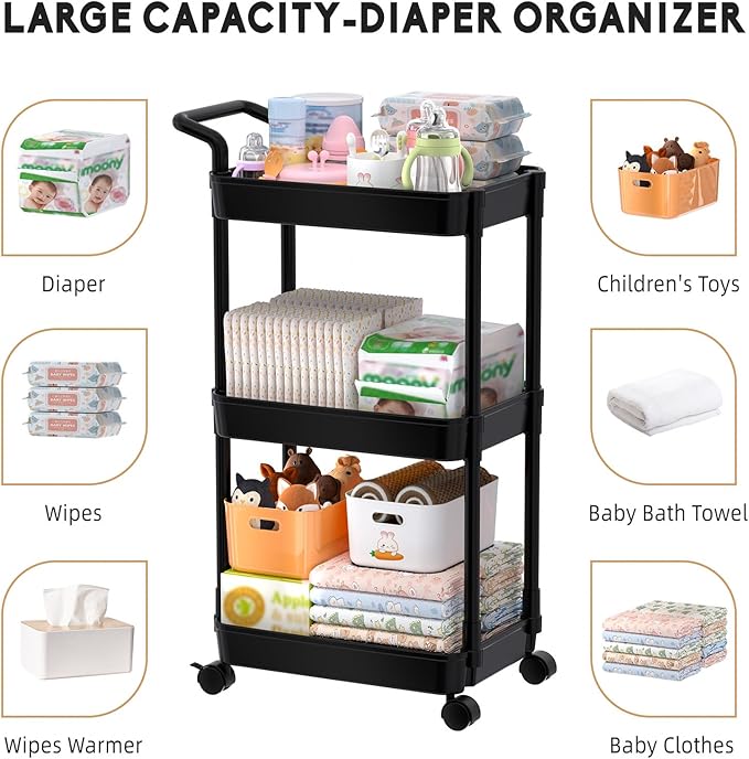 Volnamal Diaper Caddy - Plastic Diaper Organizer for Nursery Essentials, Baby Organizers and Storage, Movable Cart for Changing Table & Crib, Baby Registry Search, Black