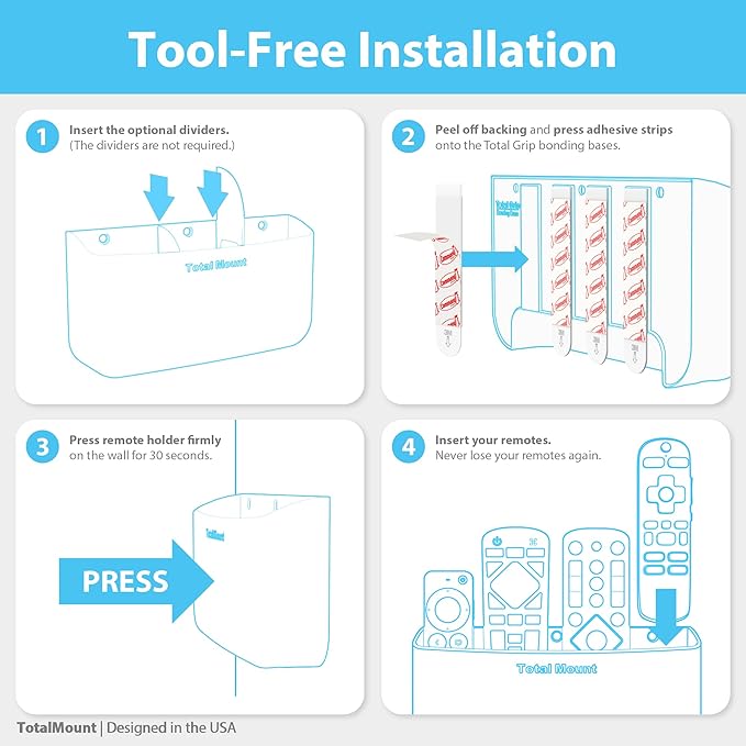 TotalMount Hole-Free Remote Holder – Eliminates Need to Drill Holes in Your Wall (Premium White Holder for 3 or 4 Remotes)