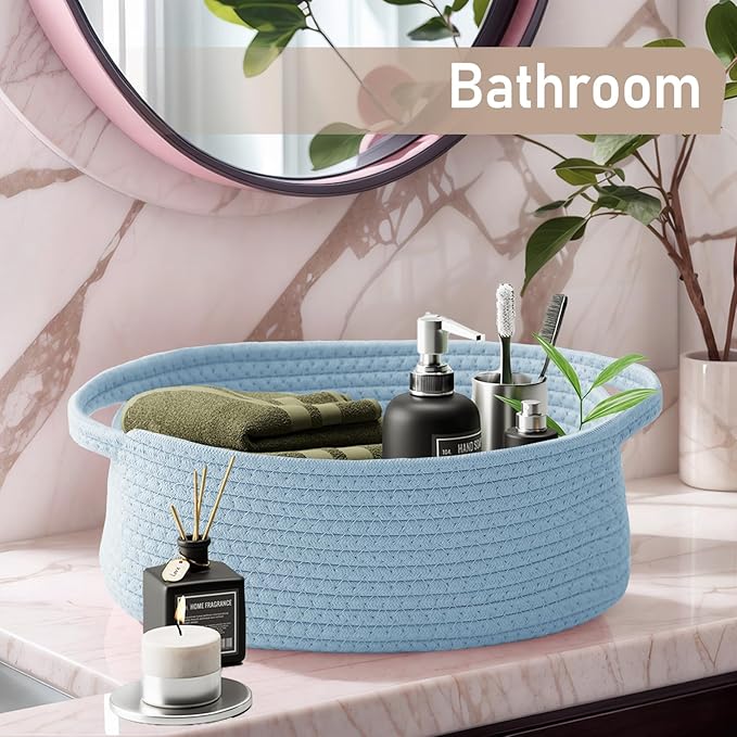 JMvicyroam Woven Basket,Small Rope Storage Bin with Handles & Ribbon Bag, Organizer for Shelves Closets,Gift Basket Empty for Birthday,Books,Dog Toys, Blue