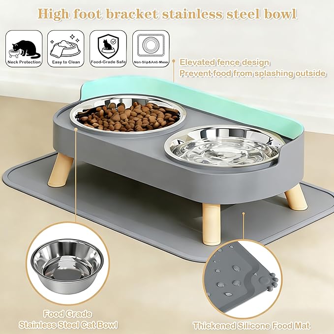 Elevated Cat Bowls with Food Mat, Splash Proof Anti Vomiting Raised Cat Food and Water Bowl Set, 2 Stainless Steel Dishes for Cats and Puppy, Pet Bowl for Indoor Cats Grey