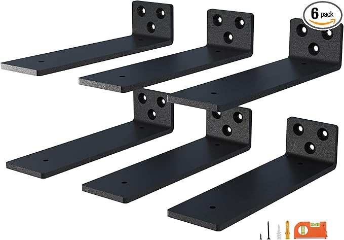 6-Pack 4 Inch Floating Shelf Brackets, Heavy Duty Hidden Shelves Bracket for Small Shelf, Kitchen Shelf, Nursery Shelf, Black Powder Coated Steel