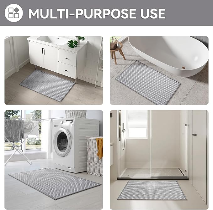 Non Slip Bath Mat Bathroom Rugs, Soft Braided Ultra Thin Bath Mats, Super Absorbent Quick Dry Bath Rug Shower Mat, Rubber Backing, Fit Under Door Bathroom Floor, Machine Washable, Gray 16" x 24"