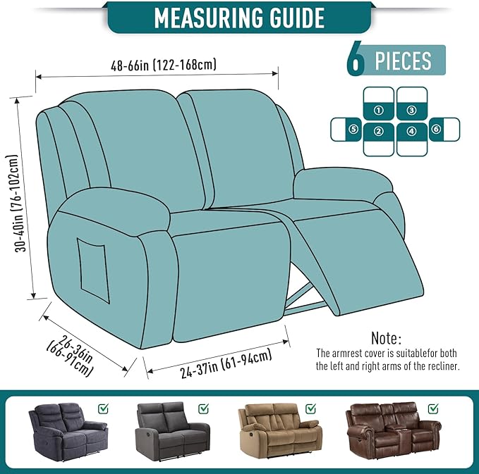 TAOCOCO Recliner Loveseat Slipcover, 6 Pieces Dual Recliner Sofa Covers for 2 Seat Dual Reclining Loveseat Couch, Stretch Soft Jacquard Pattern Furniture Protector with Elasticity (Peacock Blue)