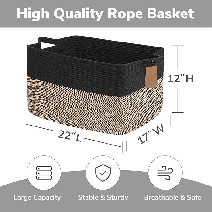 Goodpick Woven Storage Baskets for Organizing 22”x17”x12” Large Blanket Basket for Living Room Bedroom, Rectangle Wicker Storage Basket with Handles, Toy Baskets for Baby Boys, Black & Jute