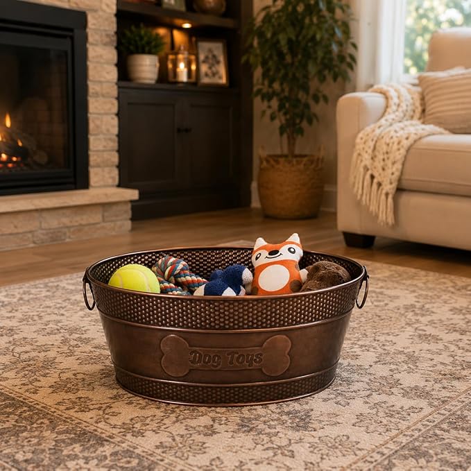 BREKX Indestructible Metal Dog Toy Bin - Copper Galvanized Storage Bin with Handles, Pet Storage Organizer - Ropes, Blankets, & Leashes, Bone Design Pet Toy Box (15-Quart)