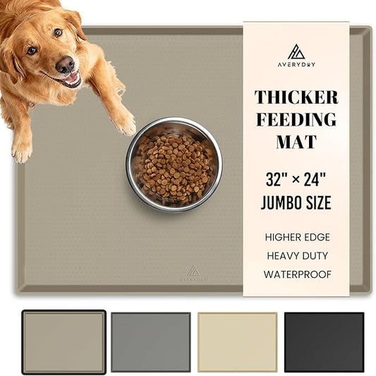 AVERYDAY 32x24'' Silicone Dog Mat for Food and Water, 0.63'' Edge Dog Food Bowl Mats for Floor Waterproof, Dogs Water Mat for Sloppy Drinker, Non Slip Rubber Pet Feeding Mats for Indoor Dogs and Cats