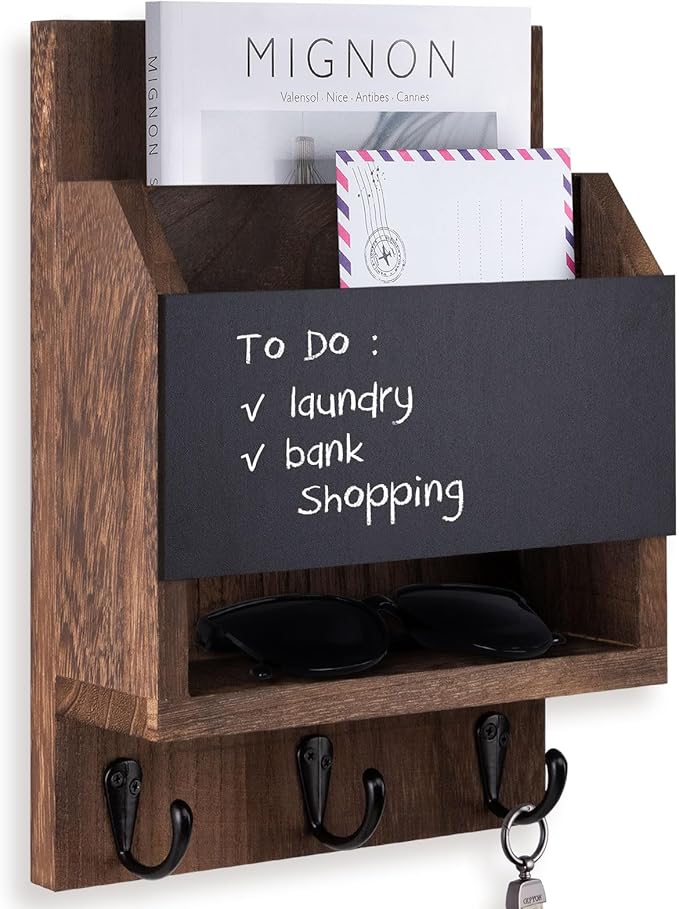 Key and Mail Holder for Wall, Key Holder with Chalkboard and Long Storage Box, Key Hanger with 3 Sturdy Hooks for Coat, Dog Leash, Entryway Mail Organizer (Brown)