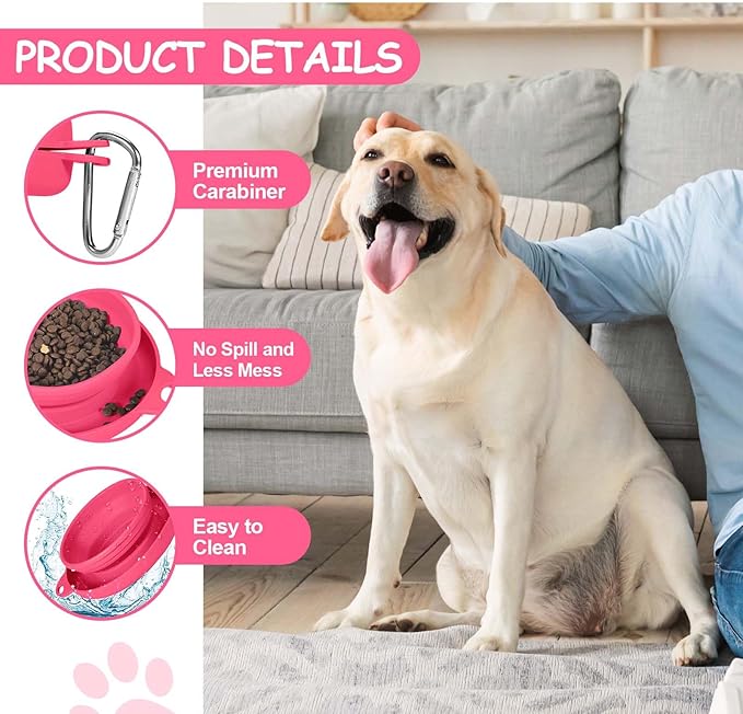 PNEUICALLY Collapsible Dog Water Bowl 2 in 1 Foldable Pet Food and Water Bowl Portable Cats Dishes with Carabiner Clip for Traveling Hiking Camping Walking (Pink)