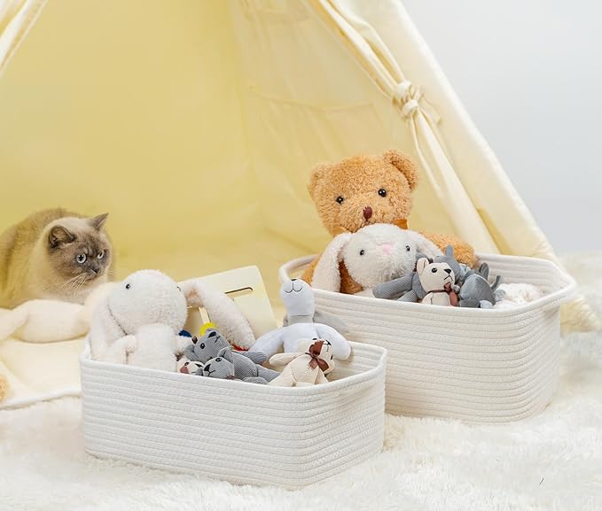 CubesLand Cute and Durable Small Cotton Rope Basket for Organizing, Woven Closet Storage Bin,Shelves Closet Storage Basket, Bathroom Storage Organizer Bin, Nursery Toy Basket Bin, White Basket