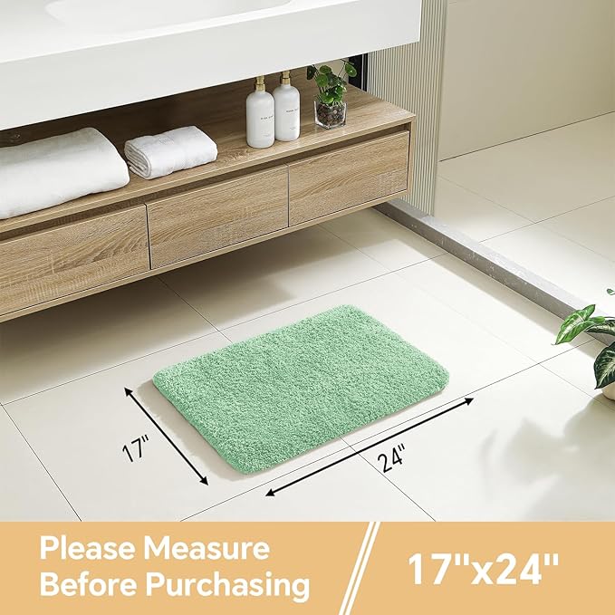 Light Green Bathroom Rugs 17"x24" - High-Density Microfiber Bath Mat, Fluffy Non Slip Absorbent and Washable Bathroom Mat - Ideal for Small Spaces, Vanity, Toilet, or Pet Mat