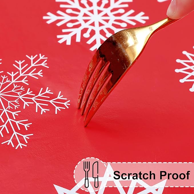 misaya Rectangle Vinyl Tablecloth, Fitted Waterproof Table Cover, Elastic Edge Flannel Backing, Plastic Table Cloth Fit 8 Foot Folding Tables for Christmas Dinner (Red Snowflake, 30x96 inch)