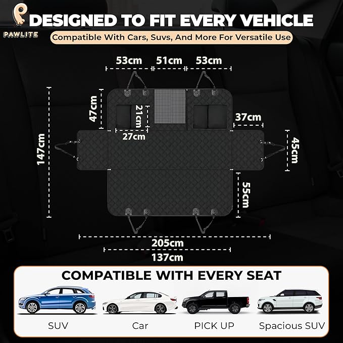 Rear Dog Seat for Large Dogs – 400lbs Capacity, Waterproof & Anti-Scratch Dog Car Seat Cover with Seatbelt Strap, Travel Bag Included – Universal Fit for SUV, Trucks – All Black