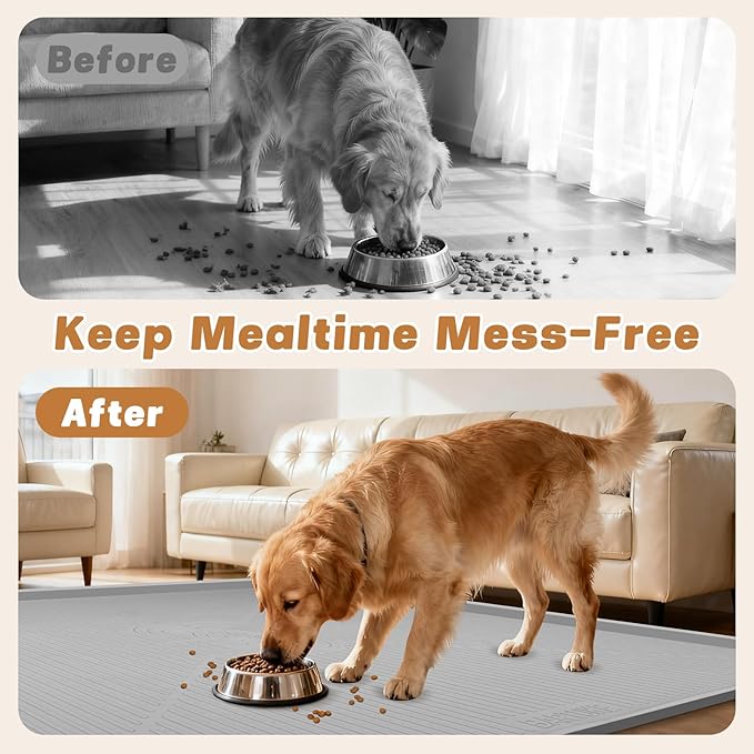 Lorvain Dog Food Mat, 45" x 30" Silicone Pet Feeding Mat with Raised Edges, Extra Large Pet Placemat for Dog Cat Food and Water Bowl Non-Slip, Easy to Clean, Waterproof & Floor Protection, Grey
