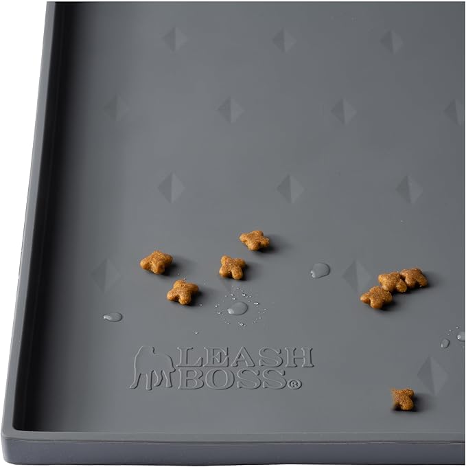 Leash Boss Rectangular Silicone Pet Feeding Tray - Waterproof Dog Food Tray, Flexible Silicone Floor Mat, Raised-Edge Pet Placemat, Small, 18 x 11 in, Gray