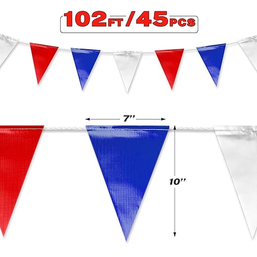 Red Blue White Pennant Banner Flags | OSHA 500lb Rated | Strand Fade Resistant 【102FT】