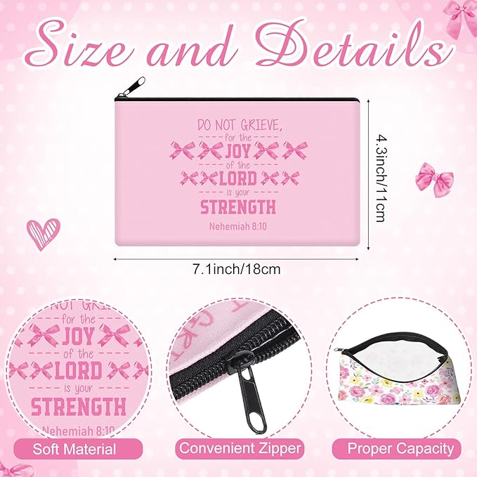 Reginary 20 Pieces Pink Christian Cosmetic Bags Bulk for Women Christmas Coquette Bow Religious Makeup Bags Gifts with Zipper Christian Pouch Toiletry Inspirational Church Party Gifts, 7 x 4.3 Inches