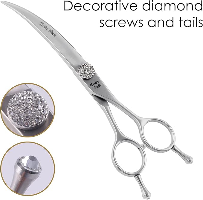 Fenice Peak Curved Dog Grooming Scissors with Jewelled Screw 440C Stainless Steel Pet Grooming Bending Scissors with Symmetrical Handle and Decorative Tail Nails Professional Groomer and Home User