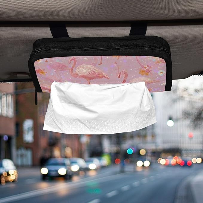 Car Tissue Holder Car Napkin Holder Car Tissue Box Dispenser Storage Case Sun Visor Mask Holder with Adjustable Straps Reusable Refillable Pink Gradient Flamingo and Petals