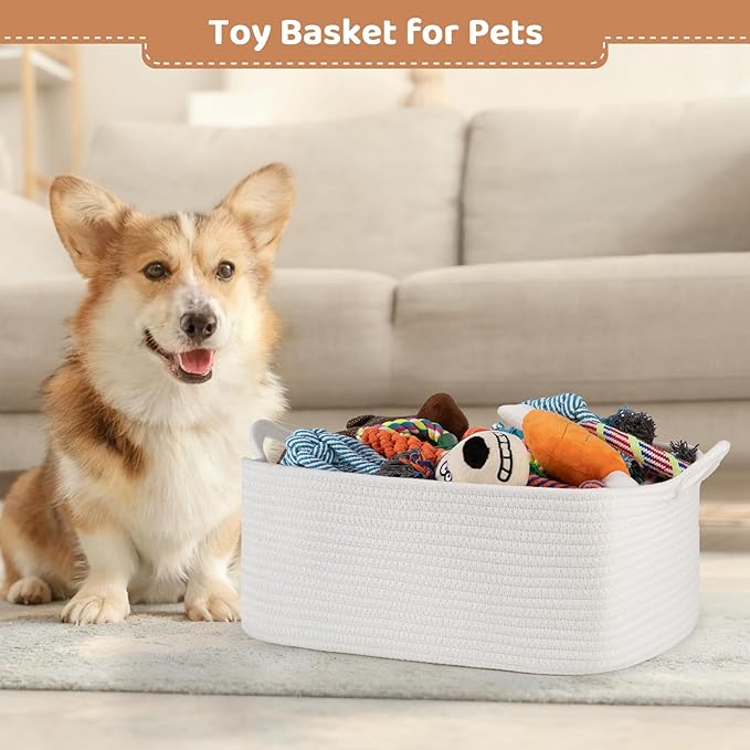 Large Empty Gift Baskets for Baby Shower, 16.5"L x 12.6"W x 7"H Cute Woven Storage Basket with Gift Bags and Ribbons, Small Rope Toy Basket with Handles, Cat Dog Pet Toy Organizer - White