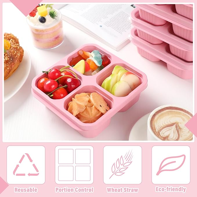 12 Pcs 4 Divided Compartments Snack Containers Bento Wheat Straw Snack Box with Lid Reusable Meal Prep Lunch Box Food Storage Containers for Adults Christmas Travel Work Gifts(Pink)