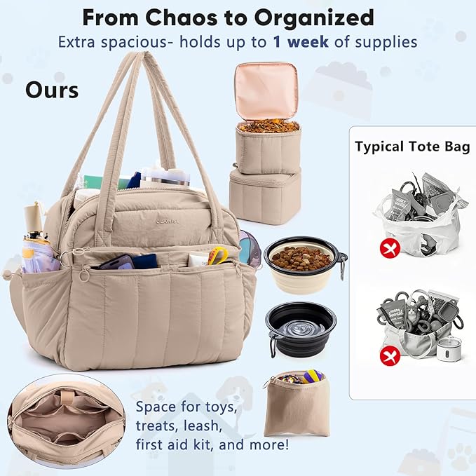 Dog Travel Bag for Supplies, Airline Approved Pet Travel Organizer with 2 Food Containers & Collapsible Bowls, Large Capacity Dogs Tote Bag for Weekend, Stylish Dog Mom Gift for Pet Lovers