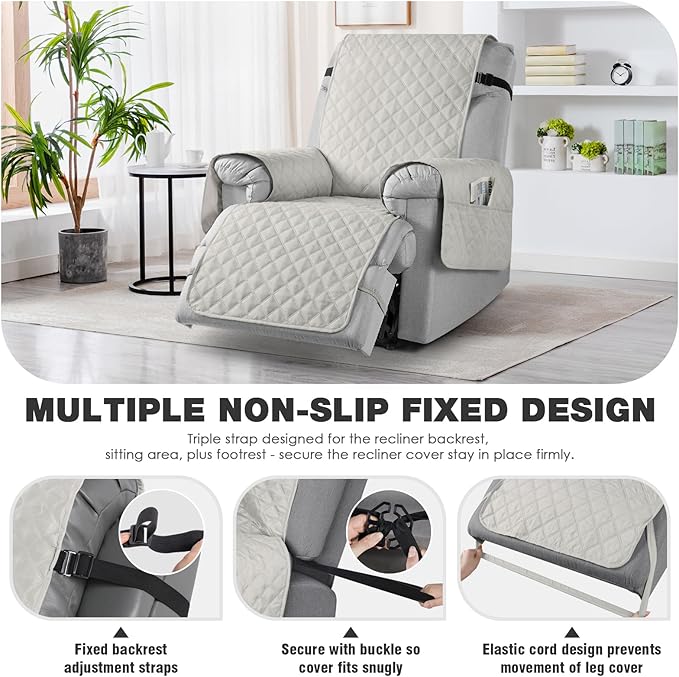 TAOCOCO Non-Slip Recliner Chair Cover Sofa Slipcover, Pet Cover for Large Recliner with Elastic Straps, Washable Chair Seat Cover Recliner Chair Furniture Protector (28'' Oversized, Off White)