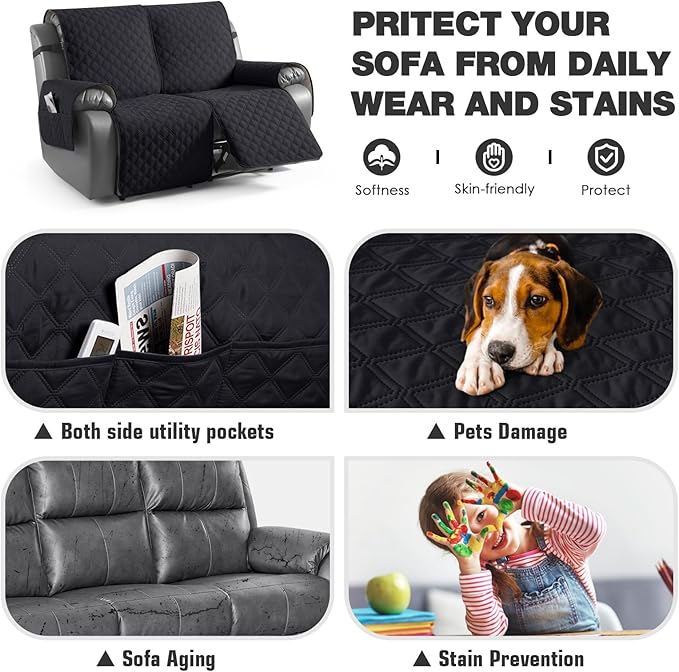 TAOCOCO 100% Waterproof Recliner Couch Covers, Recliner Sofa Covers with Leg Straps, 1-Piece Washable Reclining Sofa Cover with Pocket Couch Protector for Pets Kids(2 Seater, Black)