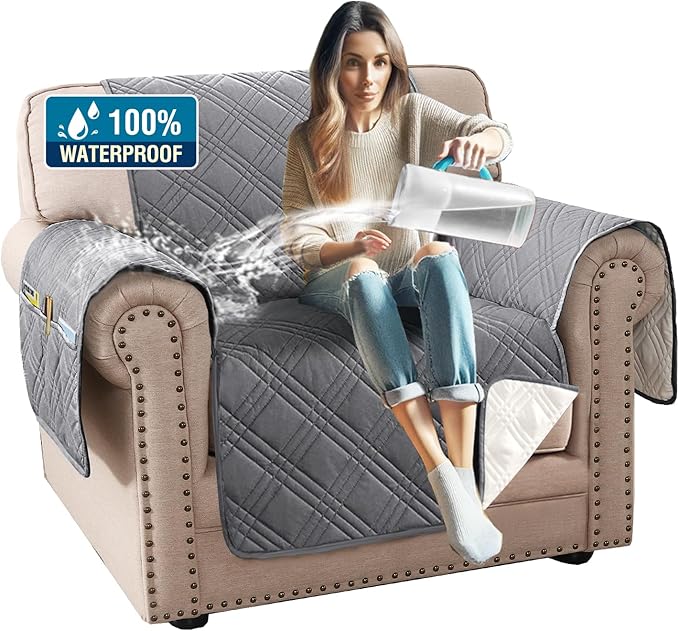 H.VERSAILTEX 100% Waterproof Chair Covers for Living Room Armchair Modern Couch Cover Furniture Protector Cover with Elastic Straps for Pets Kids Children Dog Cat(Chair, Grey/Beige)