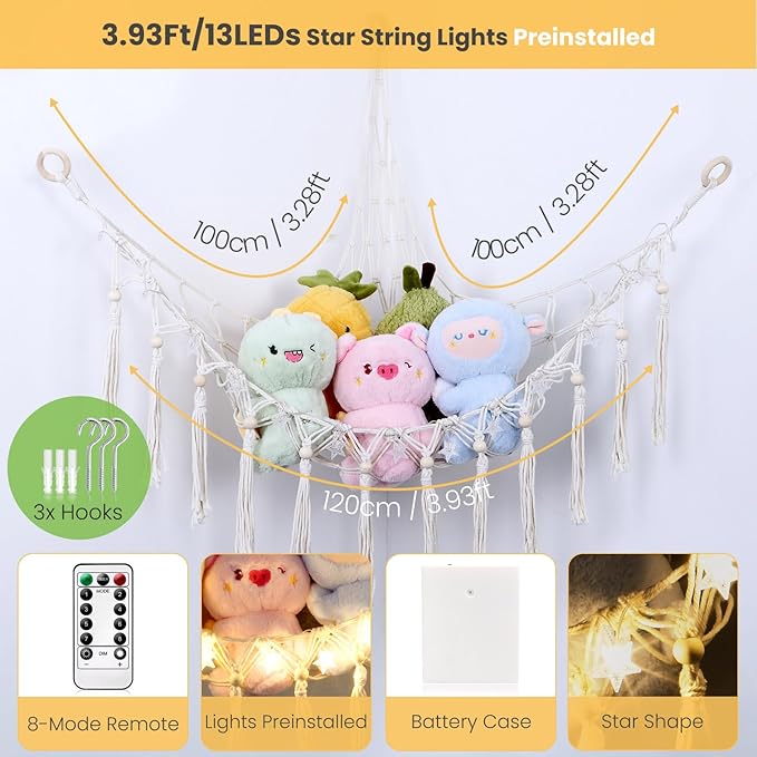 Stuffed Animal Hammock with 13LEDs Star Lights, 47in Toy Storage Macrame Hammock, Hanging Toy Net for Kids Bedroom Doll Room Corner Organizer, Battery Powered Toy Hammocks with Remote(Star, Large)