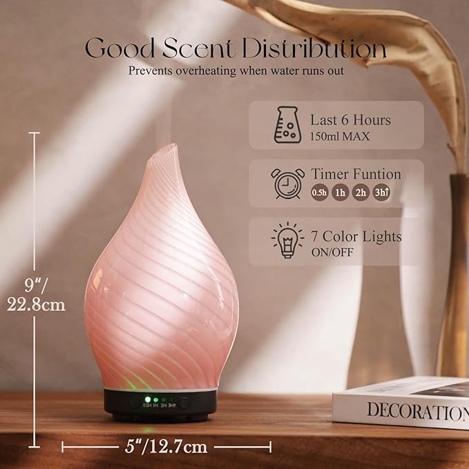 Porseme 150ml Essential Oil Diffuser Glass Color Changing Aroma Air Diffusers Aromatherapy Ultrasonic Cool Mist Humidifier 6 Running Hours Waterless Auto-Off for Sleeping Yoga Office Spa (Pure Pink)