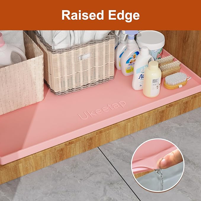 Extra Thick Silicone Mat Waterproof with Raised Edge 22" x 19", Under Sink Mat for Kitchen & Bathroom, Kitchen Cabinet Liner, Multi-Purpose for Storage & Protection, Pink