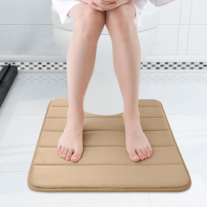 Buganda Memory Foam U-Shaped Contour Toilet Rugs, Non Slip Absorbent, Thick Soft Washable Bathroom Mat, Floor Carpet Bath Rugs Mat for Toilet Base (24" x 24", Camel)