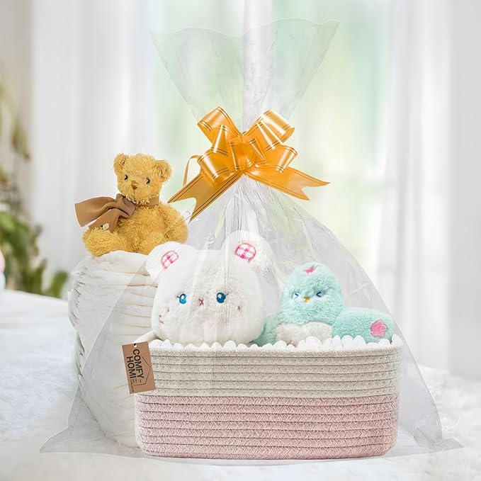 COMFY-HOMI 11.5"x7.5"x4.7" Storage Baskets for Organizing | Cotton Rope Woven Basket | Toy Storage Bin Box | Basket for Shelves, Closet Organizer Bin, Decorative Closet Shelf, 1 Pack white/pink