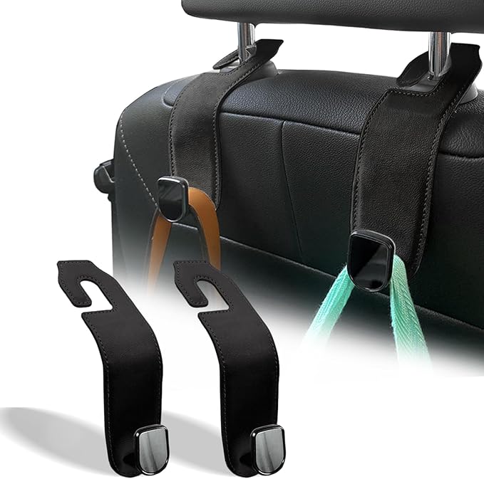 Teoenix Car Seat Headrest Hook, 2 Pack Leather Car Purses and Bags Hooks Holder Hanger for Groceries Organization Accessories, Black
