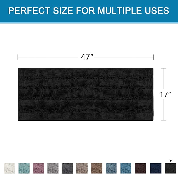 H.VERSAILTEX Bath Rugs for Bathroom Non Slip Bath Mats Extra Thick Chenille Striped Bath Rug Runners 47" x 17" Absorbent Fluffy Soft Shaggy Mats Dry Fast Plush Area Carpet for Bath Room - Black
