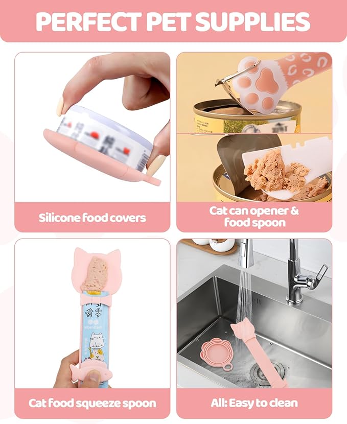 Aecsze 5 PCS Cat Food Can Covers Lids Set - Cute Paw Design Pet Cans Lids Covers with Can Opener, Wet Food Spoon & Cat Treat Squeeze Spoon for Cats, Dogs (Pink)