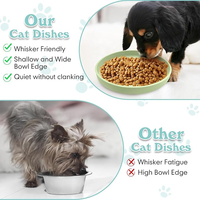Silicone Dog Bowl Shallow Cat Food Bowls 7in Flat Puppy Plates Cute Whisker Fatigue Pet Feeding Dishes Set of 2 for Dry and Wet Food Indoor (Round Bean Green)