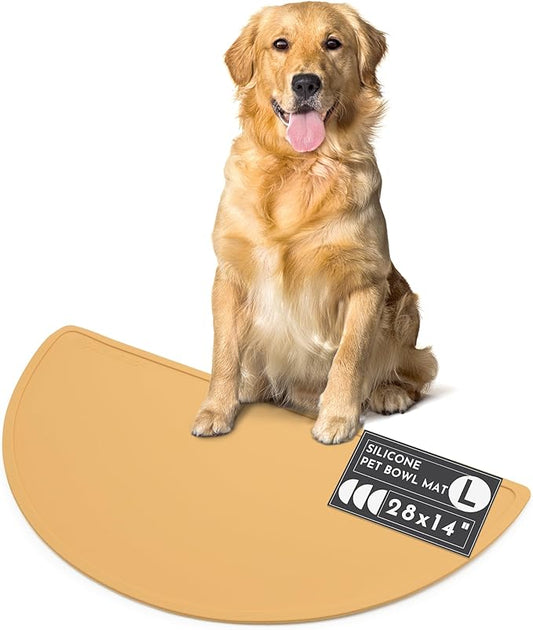 Should We Go? - Waterproof Silicone Pet Food Mat - Non-Slip, Spill-Proof Feeding Mats for Floors, Raised Edge Design, Easy-to-Clean, Rubber Mat for Dog & Cat Bowls, 28" Across x 14" Deep, Large-Honey