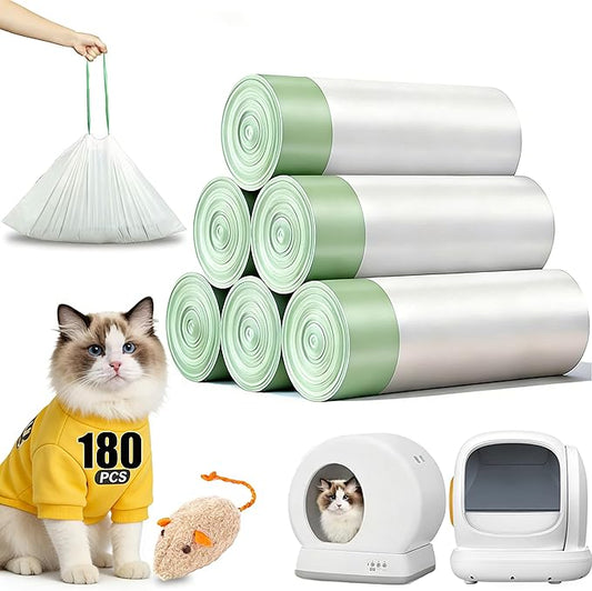 180 Count Self-Cleaning Cat Litter Box Liners Bags Fit For MW-SC01/SC02/SC09/LR01/LR02, Pre-Seperated Heavy Duty Automatic Cat Litetr Box Bags with Drawstring-18" * 12.6"