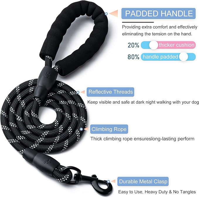 2 Pack Dog Leash, 4/5//6 FT Heavy Duty Nylon Rope Pet Leashes with Comfortable Padded Handle, Reflective Dog Leashes for Small Medium and Large Dogs (4FT-1/2,Black/Yellow)