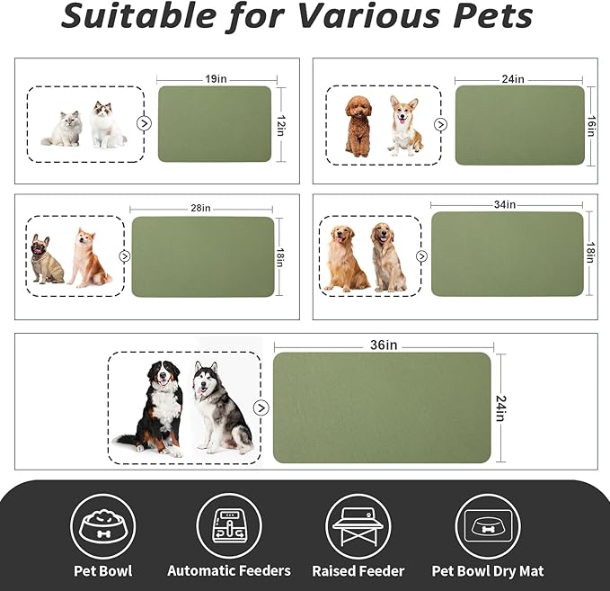 Dog Food Mat - Absorbent Cat Mat for Food and Water, No Stains Pet Feeding Bowl Mat, Easy to Clean Pet Placemats, Quick Dry Dog Water Dispenser Mat for Messy Drinkers | Green 12"x 19"