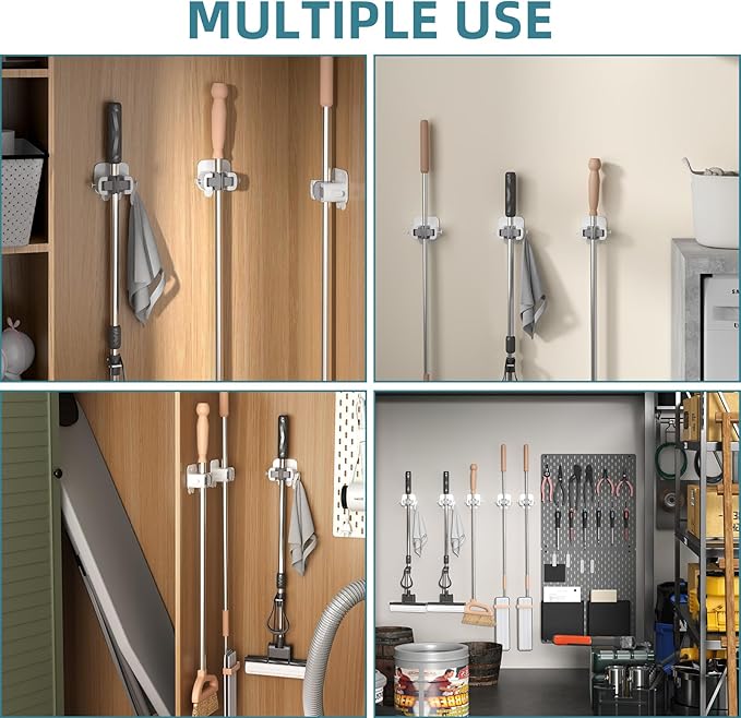 TAILI Mop and Broom Holder Wall Mount Grippers, 2 Hangers and 6 Adhesive Strips, Damage Free Hanging Wall Mount, Household Cleaning Organizer for Organization and Storage, Holds up to 4 lbs, Grey